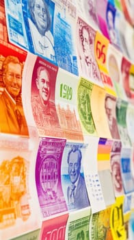 Colorful banknotes from around the world are overlapping to form an abstract background design
