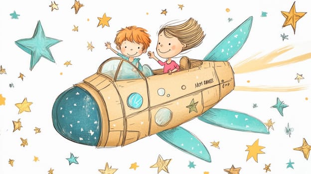 Illustration of two happy children waving from a cardboard rocket ship flying through space