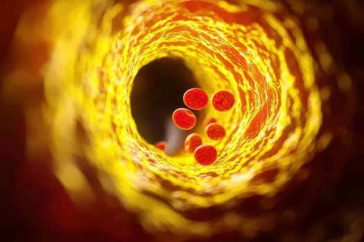 Detailed close-up of cholesterol plaque buildup in an artery, illustrating blood flow obstruction with red blood cells and lipid deposits.