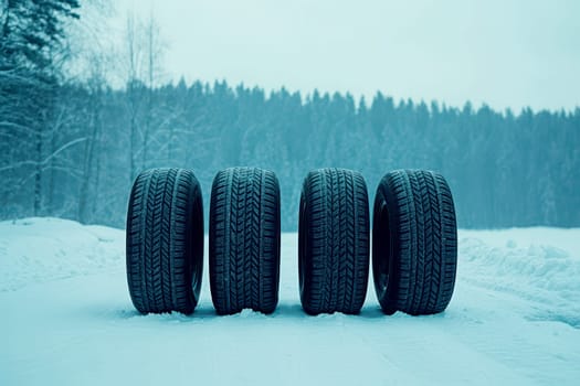a winter tire with snow in the cold in typical winter weather..