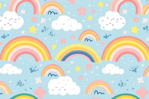 Cute rainbow on pattern background. Generative AI.