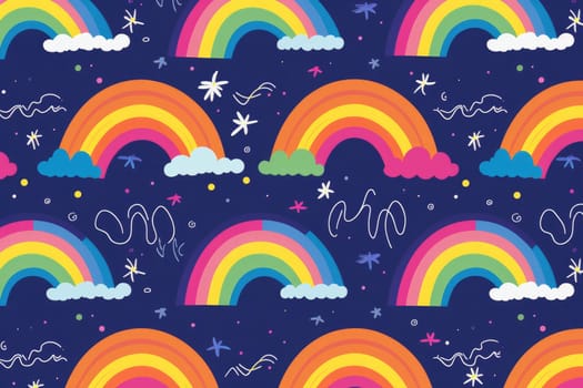 Cute rainbow on pattern background. Generative AI.