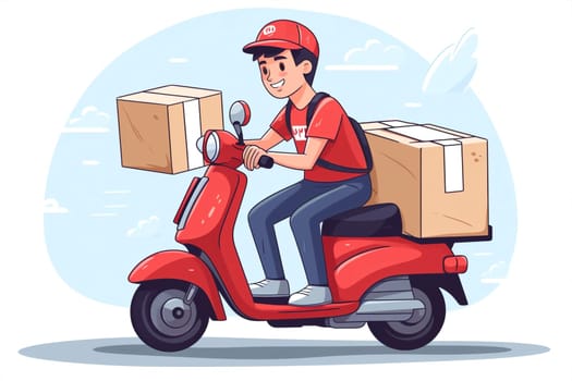 Package man bike box delivery red courier scooter city business motorcycle speed express deliver online order banner motorbike car food fast service transportation