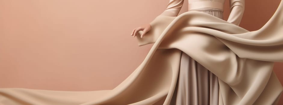 art woman long person motion flowing background dress beauty fabric flow fashion silk young beige wind flying textile dynamic waving pink gown. Generative AI.