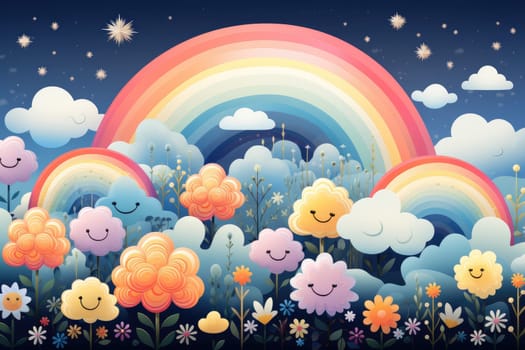 Cute rainbow on pattern background. Generative AI.