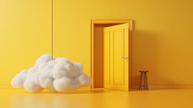 yellow showcase space abstract round stand cylinder minimal pedestal mockup cloud door sky room empty concept stage isolated cumulus nobody. Generative AI.