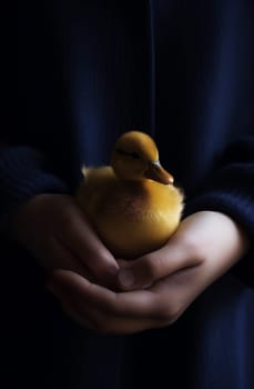 girl duckling farm yellow child newborn life soft close-up easter bird cute spring pet happiness green little happy hand duck. Generative AI.