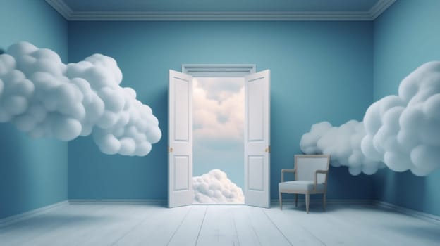 showcase space blank blue cloud round abstract cylinder copy door stage space backdrop stand white isolated air minimal freedom pedestal room. Generative AI.