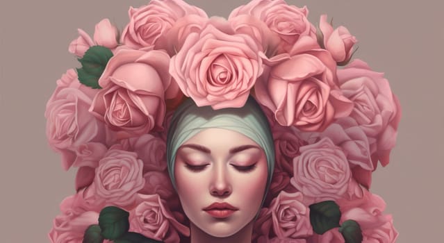 woman art fashion make-up valentine leaf beautiful trendy portrait peony pink beauty graphic plant abstract style lady rose flower lip face. Generative AI.