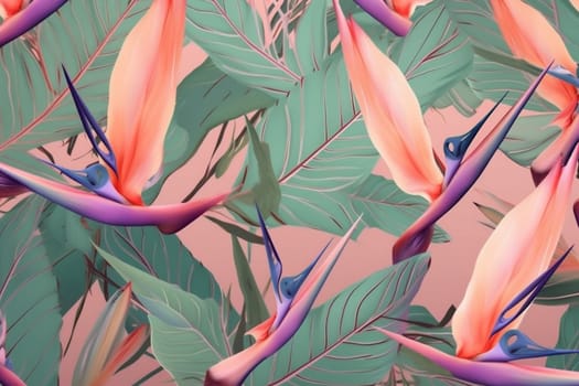 jungle pink beauty pattern fashion abstract blossom palm textile nature flower tropic colorful orange vintage leaf tropical trendy seamless exotic. Generative AI.
