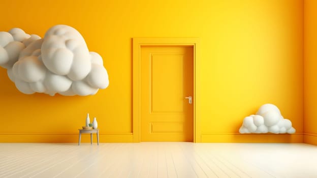 door illustration window blue white pedestal cloud room shape dream podium abstract stage space scene sky cylinder yellow showcase minimal. Generative AI.