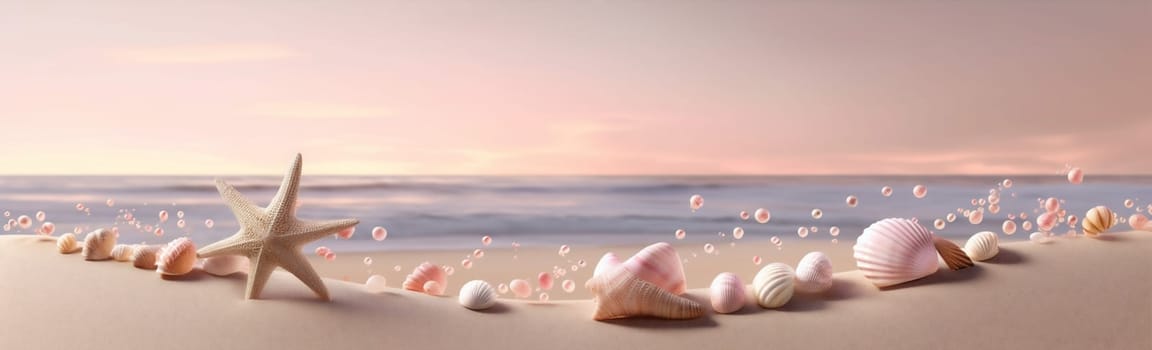 shell nature concept island beach conch seashell border starfish space ai sea texture copy ocean exotic holiday banner tropical sand summer. Generative AI.