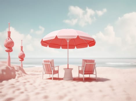 striped tropical vacation holiday water relax copy sand shore umbrella sun chair parasol banner summer space sea tour pink tourism retro pool. Generative AI.