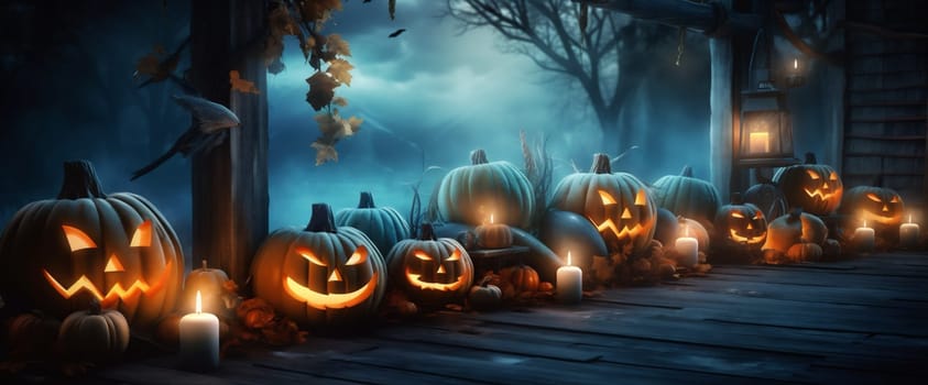 jack blue lantern moon sky mystery forest grunge pumpkin halloween night evil horror copyspace creepy fear background design fall table holiday. Generative AI.