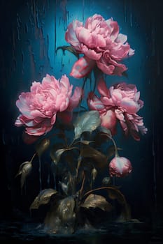 neon peony ai flora pink plant fresh design blossom art floral colours dark texture nature trendy summer bright bloom flower. Generative AI.