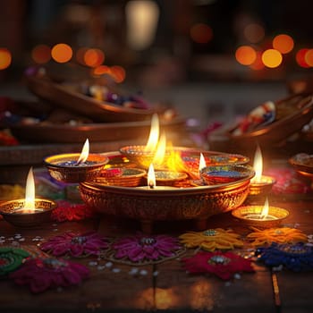 Close up image of lit diwali candles, colorful, Hindu festival of lights celebration.