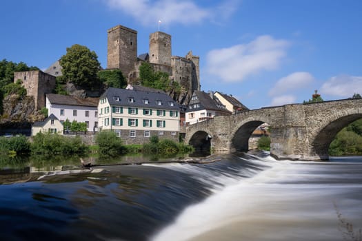 Panoramic image of historic buildings of Runkel close to the Lahn river, Hesse, Germany