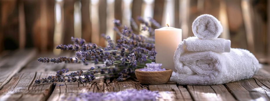 Spa still life with lavender oil white towel, Generative AI, natura