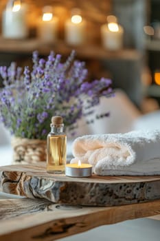 Spa still life with lavender oil white towel, Generative AI, natura