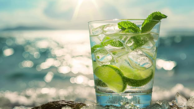 a fresh glass of lime juice on the seashore, Generative AI, drink