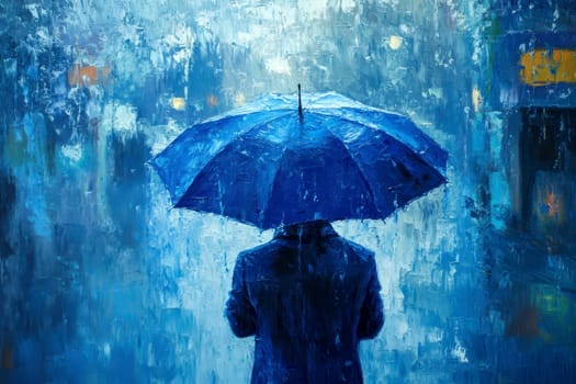 Blue Monday with oil painting a man hold a blue umbrella..
