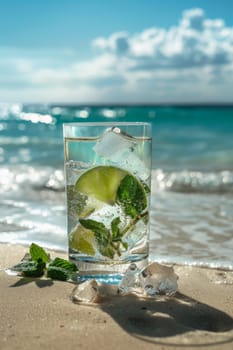 a fresh glass of lime juice on the seashore, Generative AI, drink