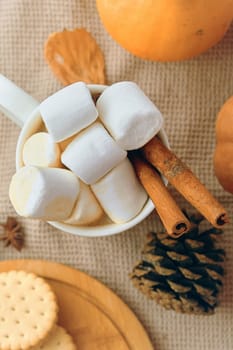 A warm winter drink is topped with marshmallows, cinnamon sticks, and holiday decorations on a cozy surface