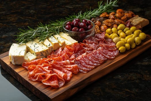 Beautiful charcuterie board with an assortment of meats, garnished with herbs, surrounded by flowers and fruit..