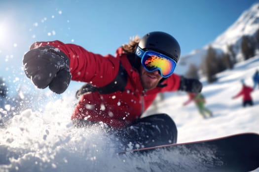 Mountain descent: snowboarder carving through fresh powder in winter mountains, capturing essence of outdoor sports and exhilaration of gliding down pristine slopes under sky