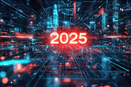 Abstract 2025 Happy New Year digital banner background. Futuristic glowing polygonal style on blue. High quality illustration