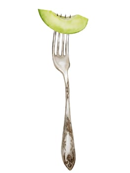 Avocado watercolor illustration. A piece of ripe fruit on a fork on an isolated white background. Botanical composition with kitchen appliance. Hand-drawn clip art for menu design, price tags, packaging of vegetarian stores and cafes. High quality illustration