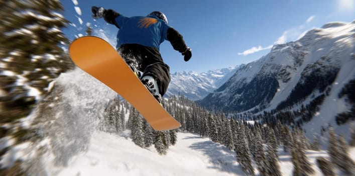 Winter thrill: snowboarder navigating snowy slopes of winter mountains, showcasing skill, adrenaline while enjoying breathtaking scenery and vibrant atmosphere of a snowy adventure