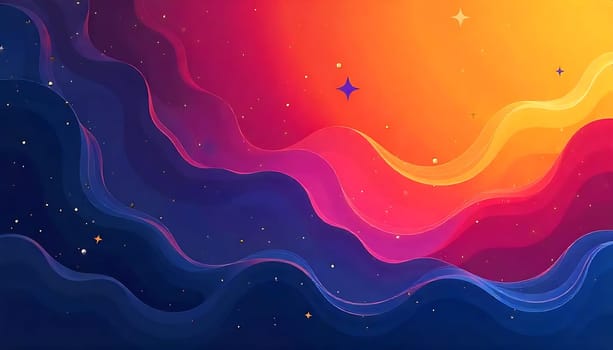 This vibrant abstract background features a dynamic composition of flowing, colorful waves, creating a sense of movement and energy. The backdrop is adorned with scattered stars, adding a touch of whimsy and celestial charm. This image is perfect for use as a website banner, social media post, or for creating unique designs for presentations, invitations, or other creative projects.