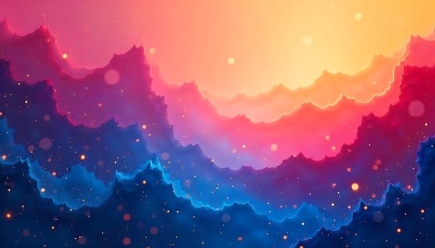 This breathtaking abstract image features a vibrant, colorful mountain range against a stunning sunset sky. The landscape is awash in warm hues of orange, pink, and purple, with subtle blue accents in the foreground. The image is enhanced with soft, glowing lights scattered across the sky, creating a magical and ethereal atmosphere. This image is perfect for use in a variety of design projects, including websites, social media, presentations, and more. Its captivating colors and dreamy mood make it ideal for conveying themes of beauty, wonder, and inspiration.