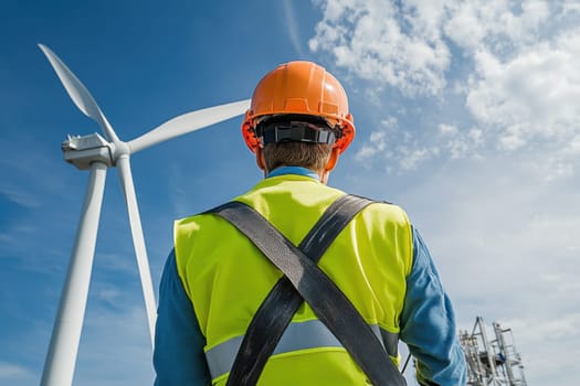 technician in safety harness repairing offshore wind turbine at sea.