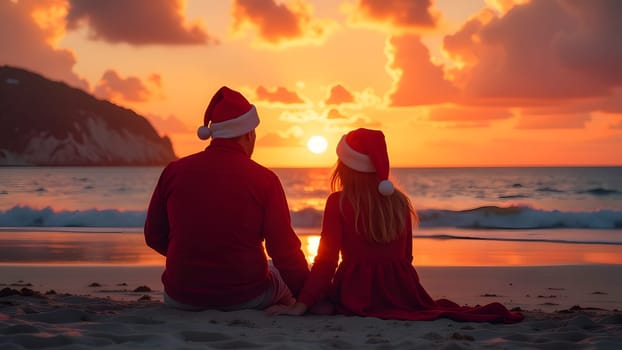 couple dressed in santa clause costumes watching sunset on the beach, generative ai. High quality photo