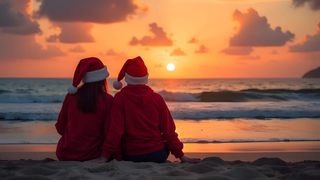 couple dressed in santa clause costumes watching sunset on the beach, generative ai. High quality photo