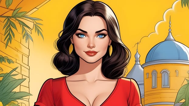 cartoon style beautiful brunette with blue eyes, generative ai. High quality photo