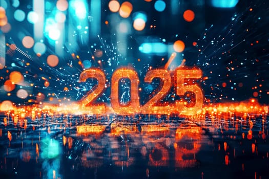 Abstract 2025 Happy New Year digital banner background. Futuristic glowing polygonal style on blue.