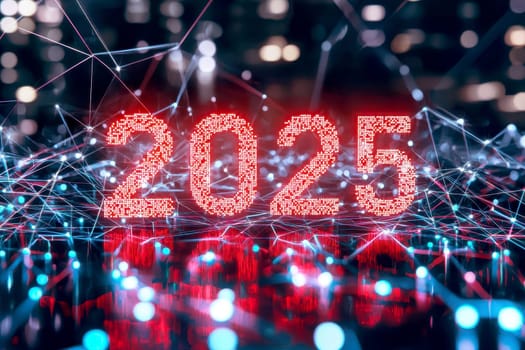 Abstract 2025 Happy New Year digital banner background. Futuristic glowing polygonal style on blue.