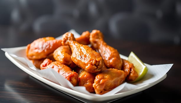 Close-up of crispy chicken wings glazed in a rich, savory sauce, served on a white plate with a lime wedge. Perfect for showcasing delicious food, restaurant menus, and appetizing food photography. The wings are golden brown and glistening with sauce, creating a mouthwatering visual. The lime wedge adds a touch of freshness and acidity to the image. The shallow depth of field focuses attention on the wings, making them the star of the show. This image is ideal for use in advertising, social media, and food blogs. ,