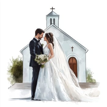 Image of bride and groom near church. High quality photo