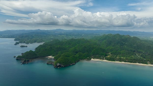 Aerial view of coast of the island with tropical vegetation and the beach. Negros, Philippines.