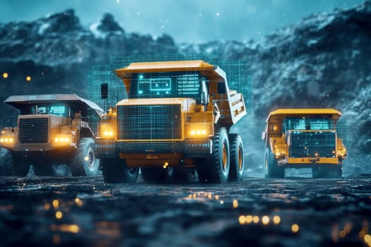 a mining trucks enhanced with IoT technology for real time tracking monitoring and management The system enables data driven optimization of logistics productivity..