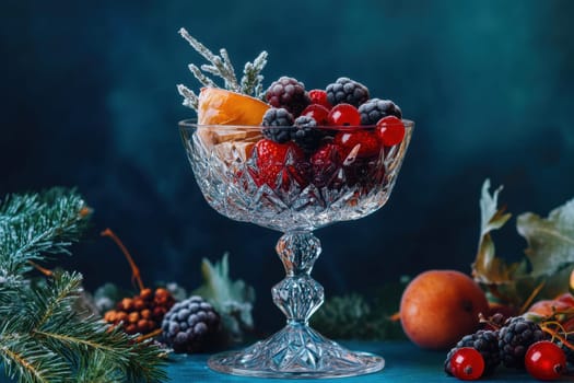 a clear cocktail glass of winter berries and fruits ..