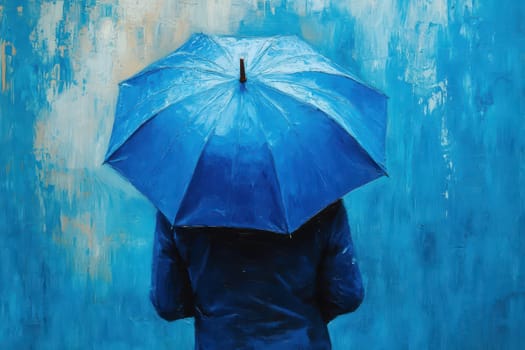 Blue Monday with oil painting a man hold a blue umbrella..