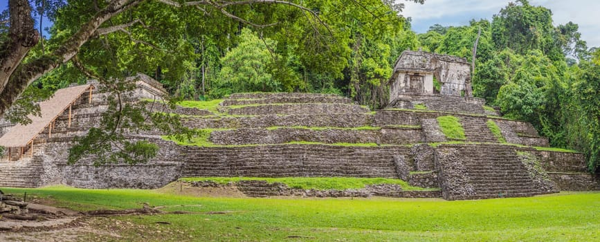 The ancient pyramids of Palenque in Mexico, surrounded by lush jungle. Iconic archaeological site showcasing Mayan culture and history. Travel, history, and adventure concept.