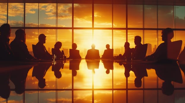 The meeting hall is illuminated by the rays of the setting sun. Colleagues are holding a meeting. High quality photo