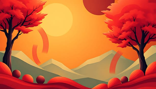 A vibrant and abstract landscape illustration featuring two red trees with stylized foliage against a backdrop of yellow and orange hues. The sun shines brightly in the sky, casting a warm glow on the surrounding mountains and rolling hills. The stylized design creates a unique and dreamy atmosphere, perfect for adding a touch of color and creativity to your projects. This image is ideal for use in website backgrounds, social media graphics, posters, and more.,