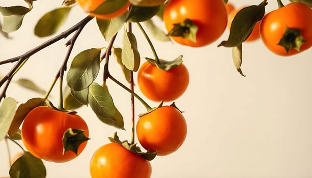 Close-up shot of ripe orange persimmons hanging on a branch with green leaves, against a white background. The image captures the vibrant colors and textures of the fruit, making it perfect for food, nature, and healthy lifestyle themes. Use this image for your projects related to autumn harvest, fresh produce, or natural beauty.,